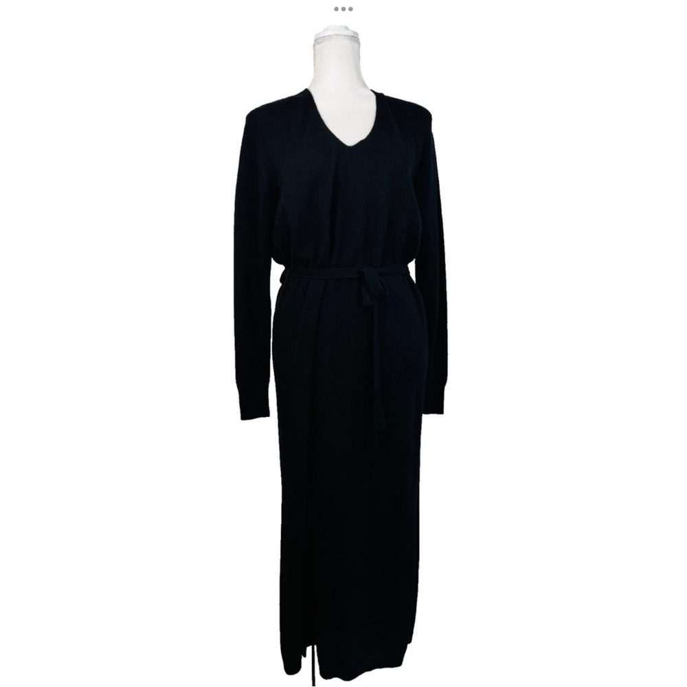 Bloomingdales 100% 2-Ply Cashmere Black V Neck Midi Dress NWT $248 Size M Belted